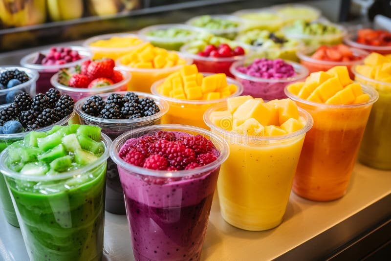 Colorful Fresh Fruit Smoothies Display stock illustration