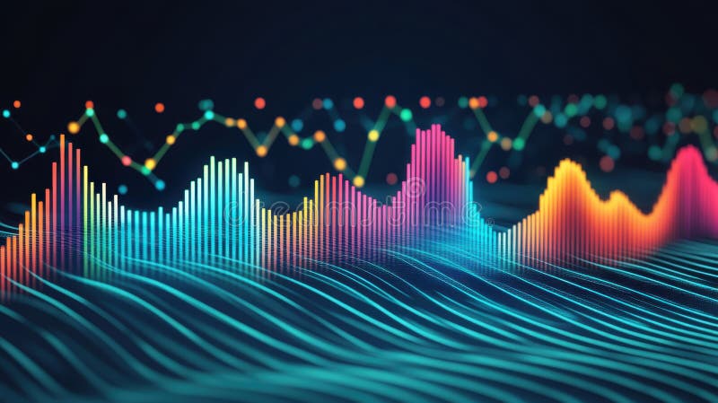 Vibrant Audio Spectrum Visualization with Oscillating Lines and Glowing Point Graph vector illustration