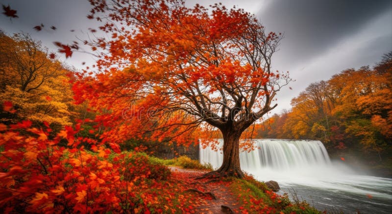 Vibrant autumn landscape with powerful waterfall and tree with blowing red leaves stock illustration
