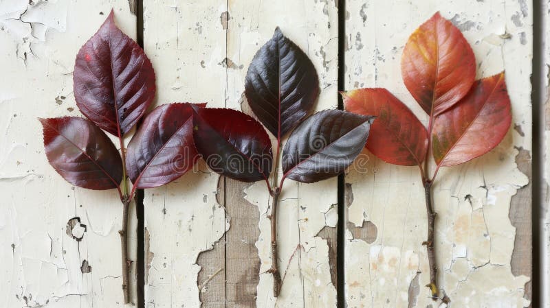 Vibrant autumn leaves on three branches against a rustic white wooden backdrop in a flat lay style stock illustration