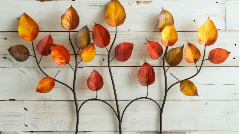 Vibrant autumn leaves on three branches resting on a rustic white wooden surface flat lay view royalty free illustration