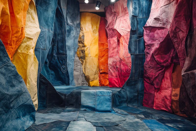 A vibrant avant-garde art installation showcasing colorful draping textures in an immersive gallery space