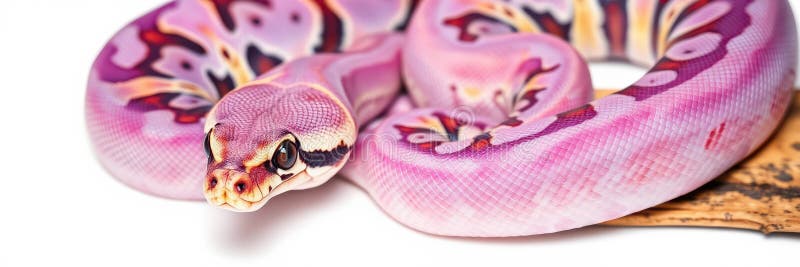 Vibrant ball python showcasing unique pastel patterns and textures on a neutral background for reptile enthusiasts. A ball python with striking pastel colors rests on a flat surface, highlighting its beautiful patterns. This species is known for its docile nature and appealing appearance, popular among pet owners. AI generated