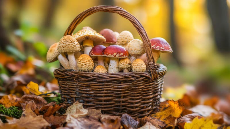 Vibrant basket of mixed wild mushrooms in autumn forest royalty free stock images
