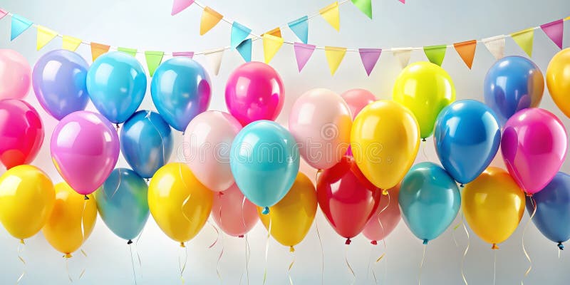 Vibrant Birthday Celebration Pink Blue and Yellow Balloons Decorate a Happy Birthday Banner Against a White Background royalty free stock photography