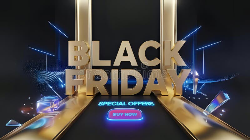 Vibrant Black Friday Sale Banner cu text 3D și lumini neon royalty free illustration