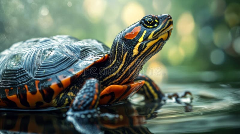 Vibrant Black and Orange Turtle in a Pond royalty free illustration