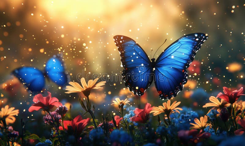 Vibrant blue butterflies fluttering among colorful flowers in a magical garden setting royalty free stock photos