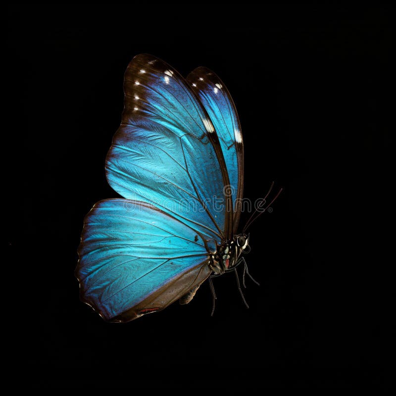 Vibrant blue butterfly on black background. stock illustration