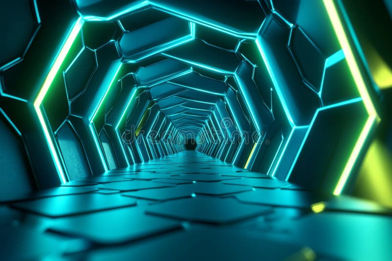 Vibrant blue and green glowing hexagons form a futuristic abstract tunnel with an endless perspective. The environment conveys a royalty free stock photo