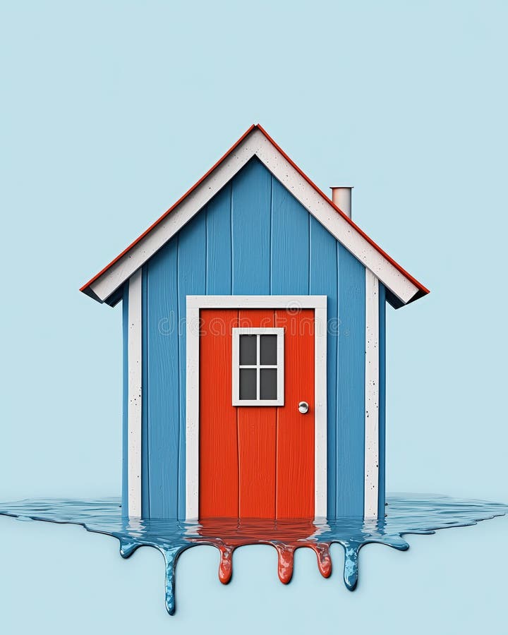 A Vibrant Blue House with an Orange Door Surrounded by Liquid