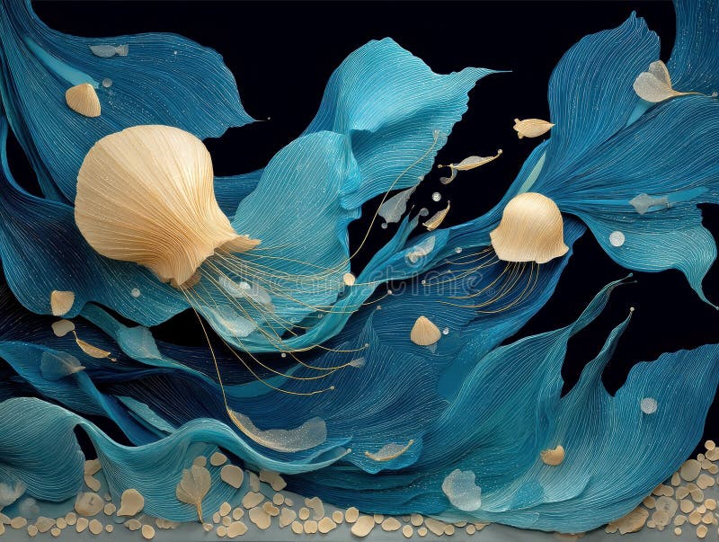 Vibrant blue jellyfish with iridescent bodies float amid swirling sea fans in a vast underwater scene Bubbles scatter royalty free stock photography