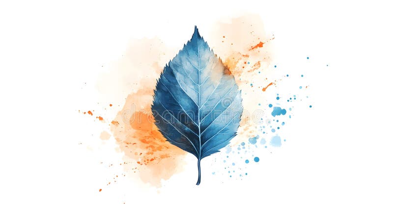 Vibrant Blue Maple Leaf with Orange Paint Splashes Creating a Colorful vector illustration.