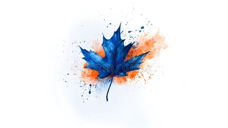 Vibrant Blue Maple Leaf with Orange Splashes royalty free illustration.