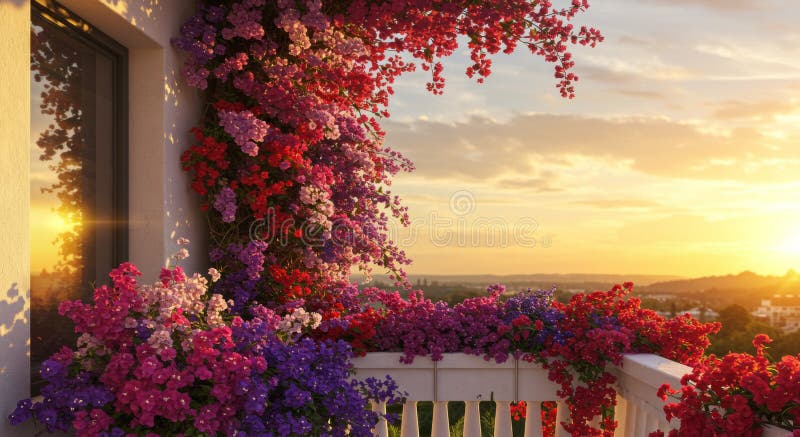 Vibrant Bougainvillea Blooms at Sunset Balcony View stock illustration