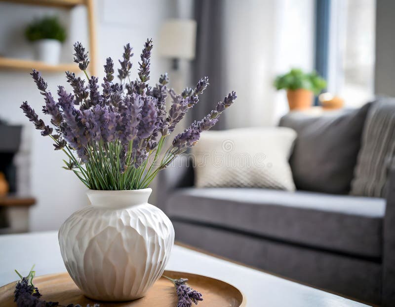 A vibrant bouquet of lavender in a clear vase, illuminating a cozy, well-lit living room