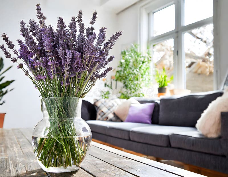 A vibrant bouquet of lavender in a clear vase, illuminating a cozy, well-lit living room