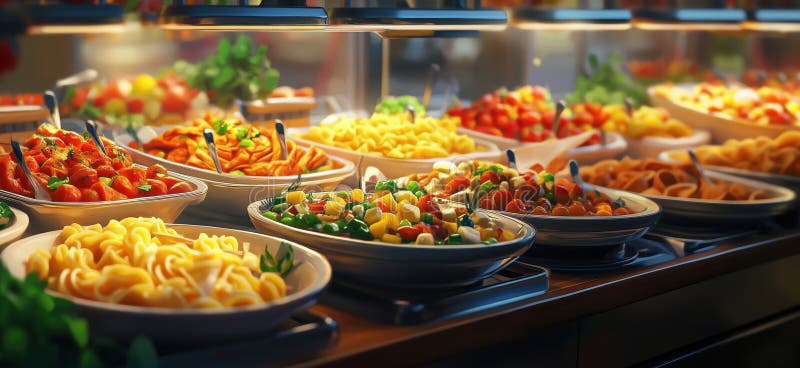 Vibrant buffet display featuring a variety of pasta dishes and fresh vegetables, copy space for text stock images