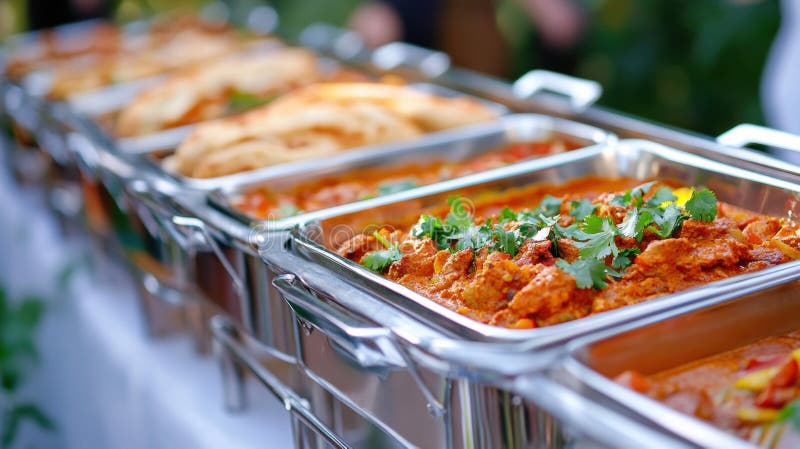 A vibrant buffet spread features a variety of flavorful Indian dishes garnished with cilantro, AI stock images