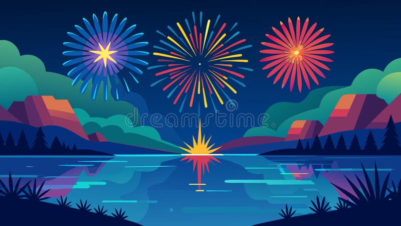 Vibrant bursts of light from the fireworks illuminating the peaceful waters of a tranquil lake marking the 4th of July celebrations.. Vector illustration AI generated