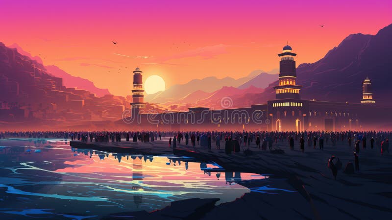 Bustling scene of pilgrims circling the Kaaba during Hajj, cartoon illustration, ai generative