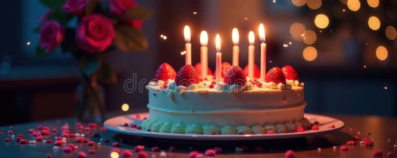 Vibrant cake, lit candles, sparkling fireworks , background, strawberry stock illustration