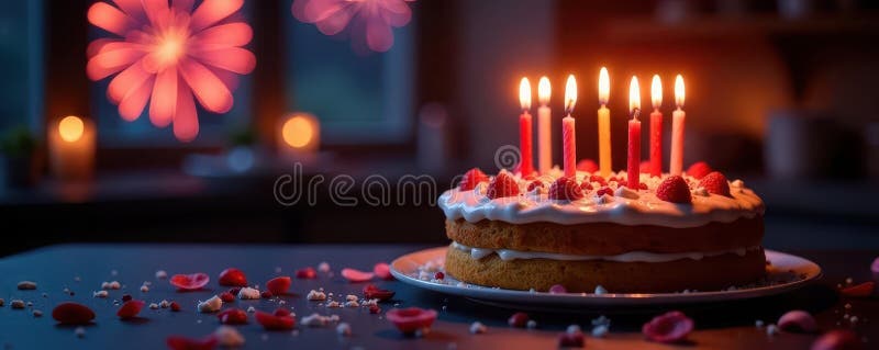 Vibrant cake, lit candles, sparkling fireworks , frosting, sweet, festive stock illustration