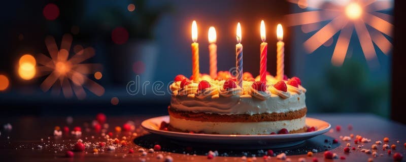 Vibrant cake, lit candles, sparkling fireworks , night, cake, exciting stock illustration