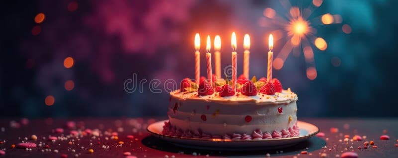 Vibrant cake, lit candles, sparkling fireworks , party, sweet, exciting royalty free illustration