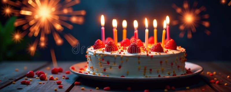 Vibrant cake, lit candles, sparkling fireworks , rainbow, sugar, yellow royalty free illustration