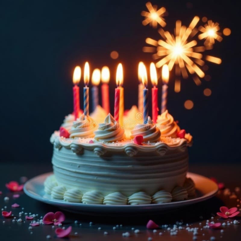 Vibrant cake, lit candles, sparkling fireworks , whimsical, fun, night royalty free illustration