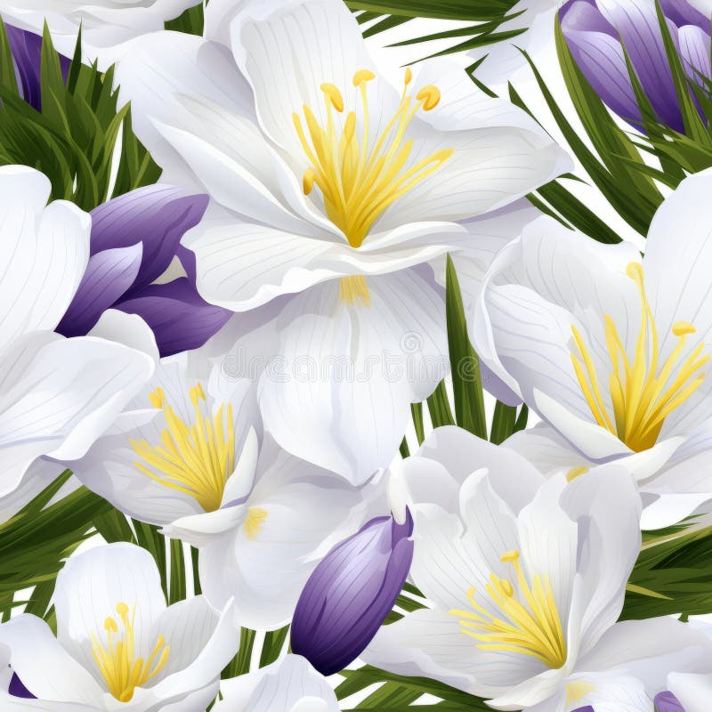 Vibrant and captivating seamless pattern featuring an exquisite top view of blooming crocus flowers stock illustration