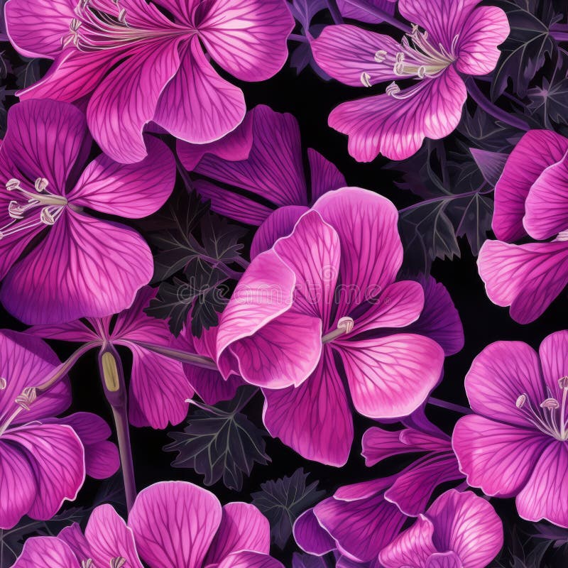 Vibrant and captivating seamless pattern featuring the exquisite top view of geranium flower blooms vector illustration