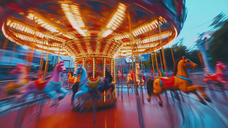 A vibrant carousel with colorful horses spinning, blurred motion effect at night royalty free illustration