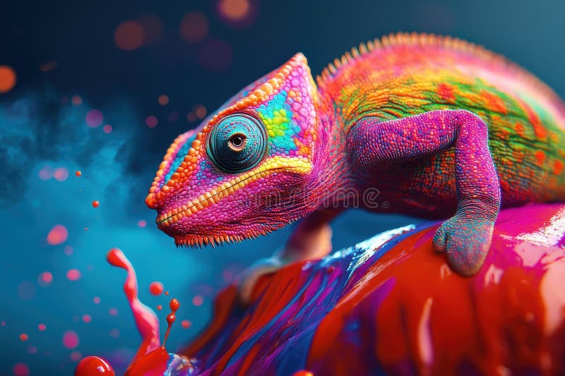 Vibrant Chameleon on Colorful Paint Splash Background Stock Illustration - Illustration of skin ...