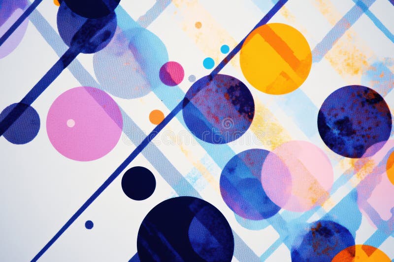 Vibrant circles of varying sizes scatter across a diagonal grid, creating a dynamic abstract geometric pattern full of royalty free stock photography