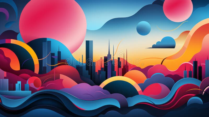Vibrujúci panoráma mesta roztrhnutie živý grafika hravý karikatúry, namaľovaný dúha z farby obsahoval podľa teplý objatie z slnko našuchorený mraky.