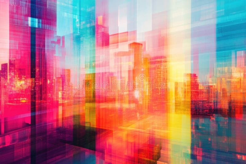 Vibrant cityscape with colorful abstract patterns in urban setting during sunset royalty free illustration