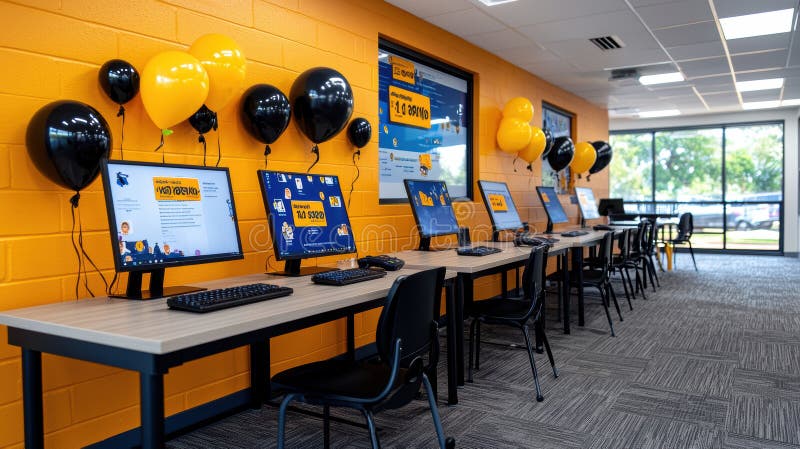 Vibrant classroom setting with computers, balloons, and learning materials. Children engage in online learning, fostering dynamic educational environment