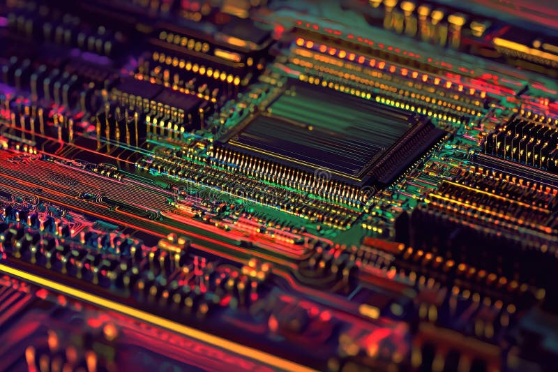 Vibrant Close-Up of Colorful Circuit Board with Intricate Patterns and Details, Perfect for Technology, Electronics, and vector illustration