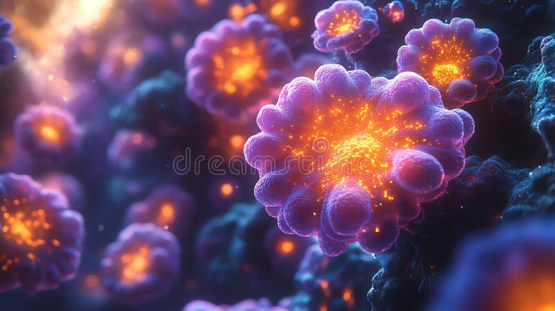 A vibrant close-up of colorful microscopic cells with luminous effects, Generative AI