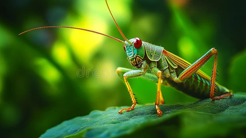 A vibrant close up of a grasshopper perched on a leaf, showcasing its stunning details royalty free illustration