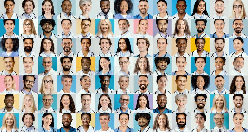 Diverse Group of Healthcare Professionals Posing for a Collage in a Bright Setting stock image