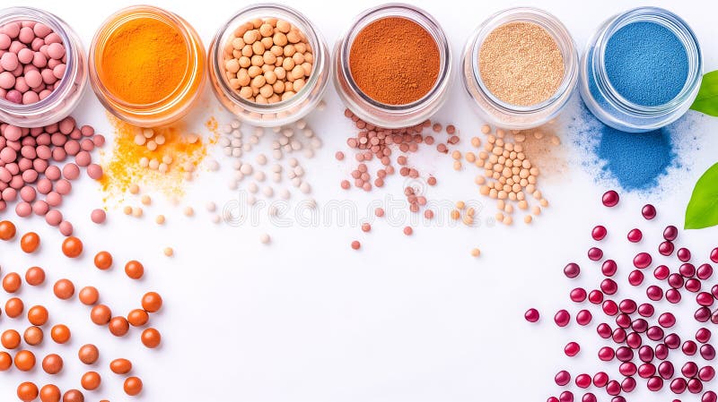 A vibrant collection of natural pigments and powders is displayed in clear jars, showcasing various colors. Scattered stock photography