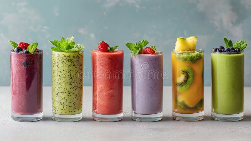 Rainbow Fruit Smoothies in Tall Glasses with Fresh Toppings stock illustration