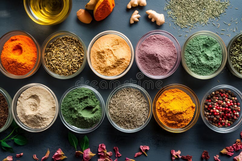 A vibrant collection of spices and herbs is arranged in clear jars along a dark surface, showcasing their rich colors royalty free stock photos