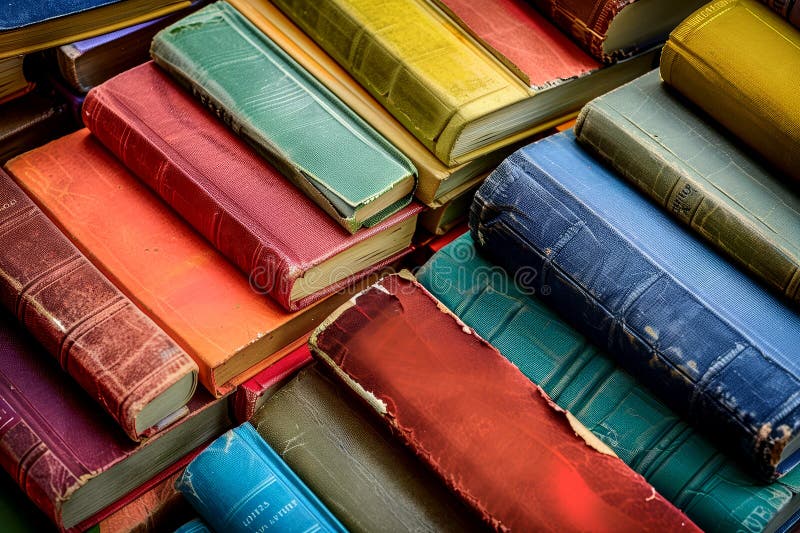 A vibrant collection of vintage books is creatively stacked on a table, displaying an array of bright covers and worn royalty free stock images