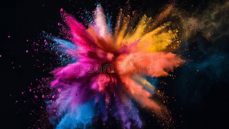 Explozie de culori vibrante pe fond negru. nuanțe luminoase de culoare roz-galben albastru și portocaliu care ies în exterior în d stock photos