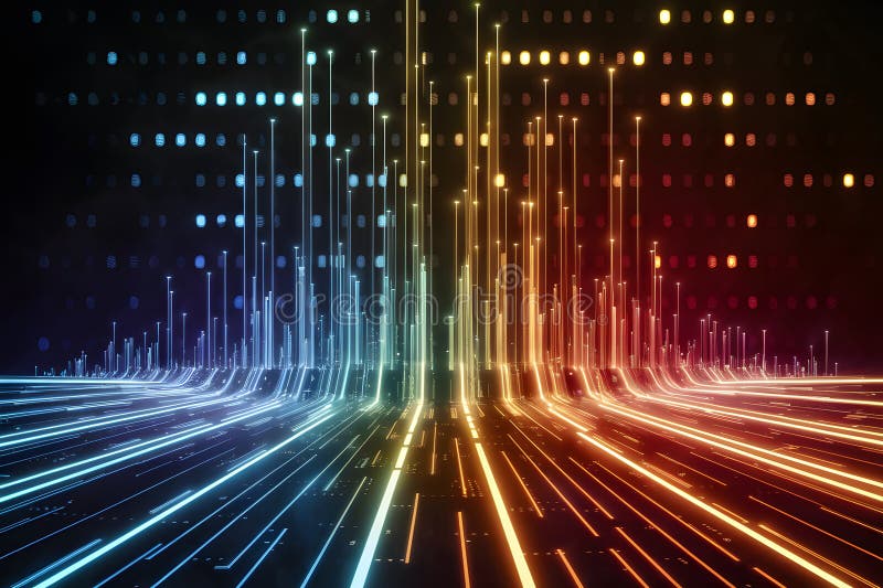 Vibrant color filled lines converge to center point with glowing data dots on dark background royalty free illustration