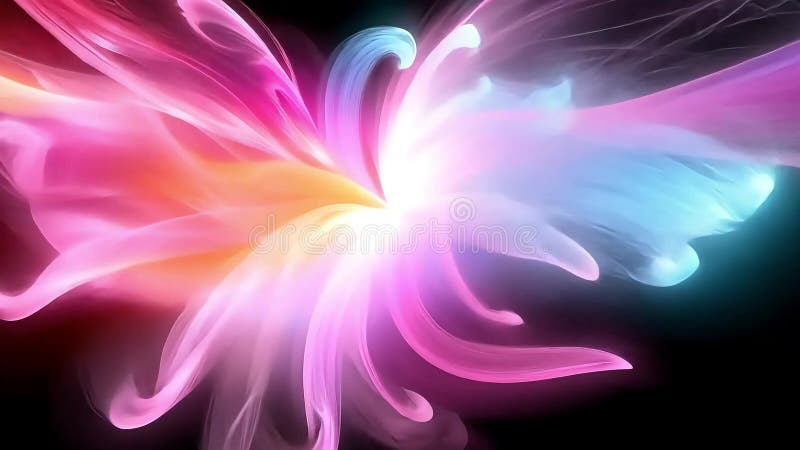 Vibrant, colorful abstract energy burst on dark background. Light, flow, motion, and dynamic shapes create a visually stunning stock illustration